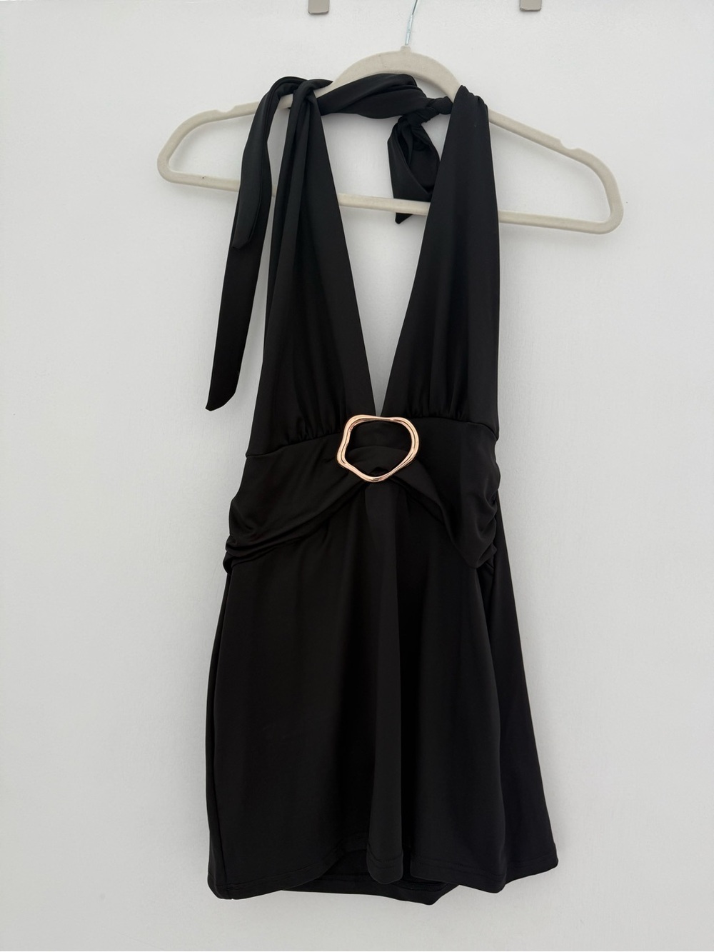 Black Halter Mini Dress with Gold Tone Buckle